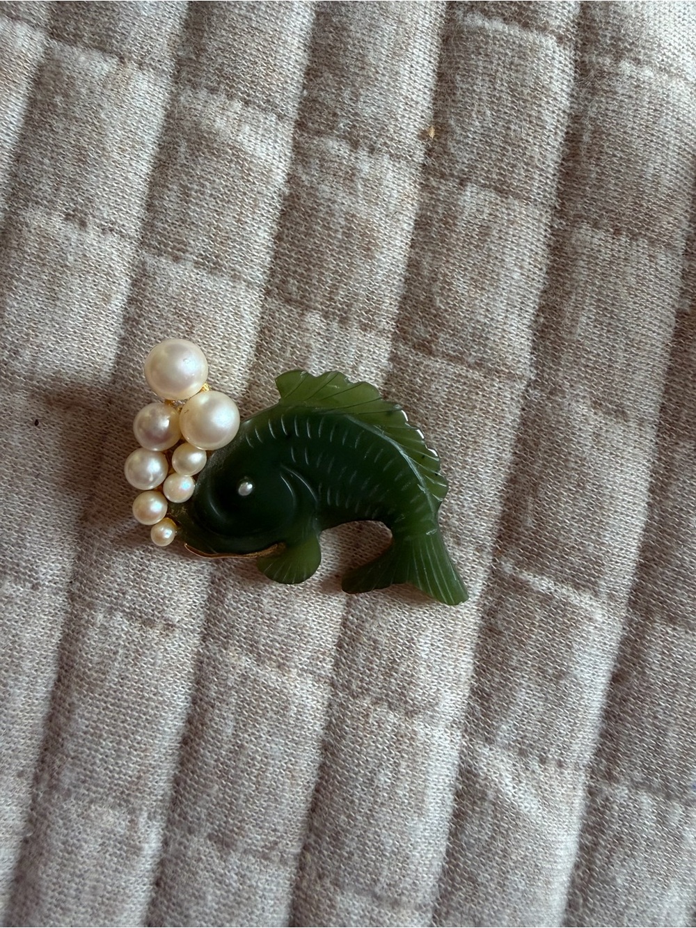 Green Fish Brooch with Pearl Bubbles